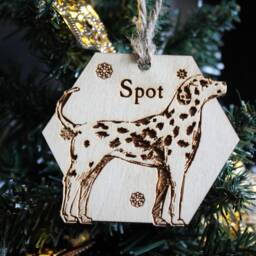 Dalmatian Personalised Wooden Bauble Ornament Dog Name Breed Gift Quirky Rustic Laser Wood Burned Ornate Lover Pet Decoration - thumbnail 2