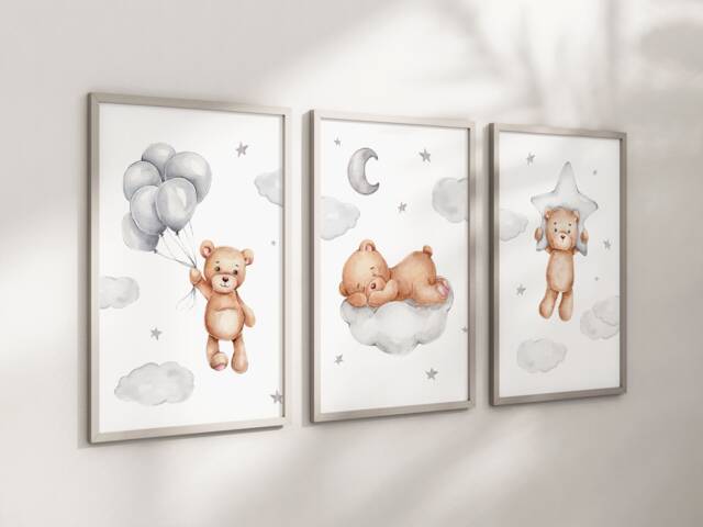 Baby Nursery Teddy Bear Prints - A4 Or A3 Size Stars Cloud Moon Boy Girl Wall Art Gender Unisex Neutral Beige Natural Boho
