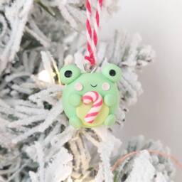 Adorable Frog With Candycane Christmas Tree Decoration - Handmade Polymer Clay Ornament, Cute Holiday Gift For - thumbnail 1