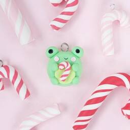 Adorable Frog With Candycane Christmas Tree Decoration - Handmade Polymer Clay Ornament, Cute Holiday Gift For - thumbnail 3