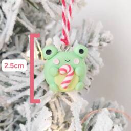 Adorable Frog With Candycane Christmas Tree Decoration - Handmade Polymer Clay Ornament, Cute Holiday Gift For - thumbnail 2