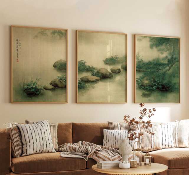 Zen Garden Stone Pond Posters Set Of 3 - Misty Kyoto Water & Moss Greens - image 1