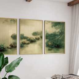 Zen Garden Stone Pond Posters Set Of 3 - Misty Kyoto Water & Moss Greens - thumbnail 2