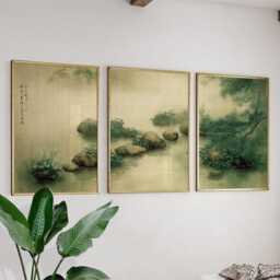 Zen Garden Stone Pond Posters Set Of 3 - Misty Kyoto Water & Moss Greens - thumbnail 3
