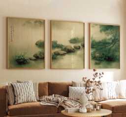 Zen Garden Stone Pond Posters Set Of 3 - Misty Kyoto Water & Moss Greens - thumbnail 1