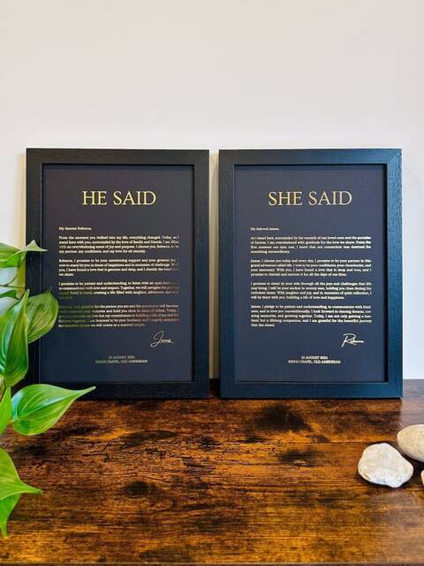 Wedding Vows - Set Of 2 Custom Metallic Foil Print Gold, Silver Present Anniversary A4 & A3 Artwork, Wooden Glass Frames - image 1