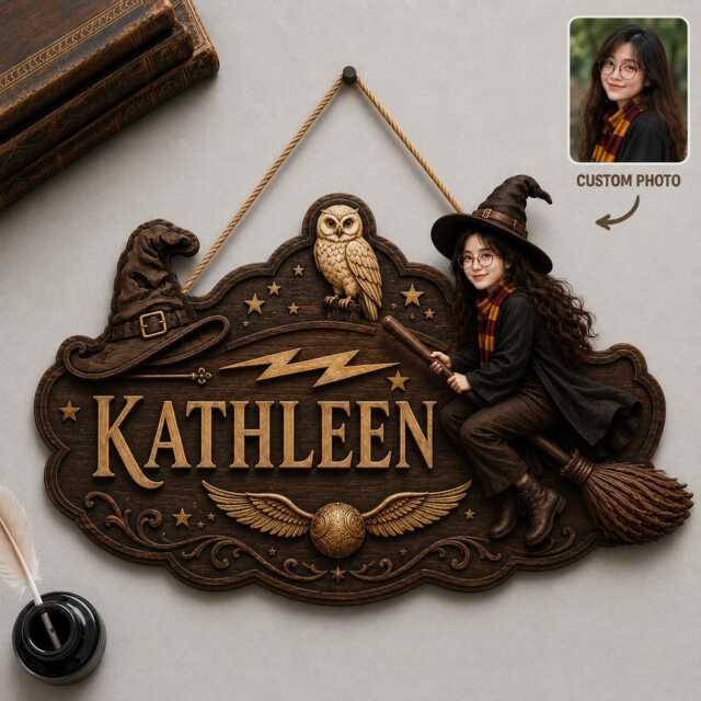 Personalized Wizard Wooden Sign, Custom Face Witch Name Plaque, Magic School Door Hanger, Photo Wood Wall Decor - image 1