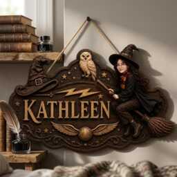 Personalized Wizard Wooden Sign, Custom Face Witch Name Plaque, Magic School Door Hanger, Photo Wood Wall Decor - thumbnail 3