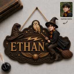 Personalized Wizard Wooden Sign, Custom Face Witch Name Plaque, Magic School Door Hanger, Photo Wood Wall Decor - thumbnail 2