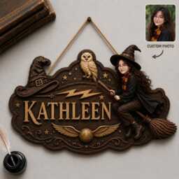 Personalized Wizard Wooden Sign, Custom Face Witch Name Plaque, Magic School Door Hanger, Photo Wood Wall Decor - thumbnail 1