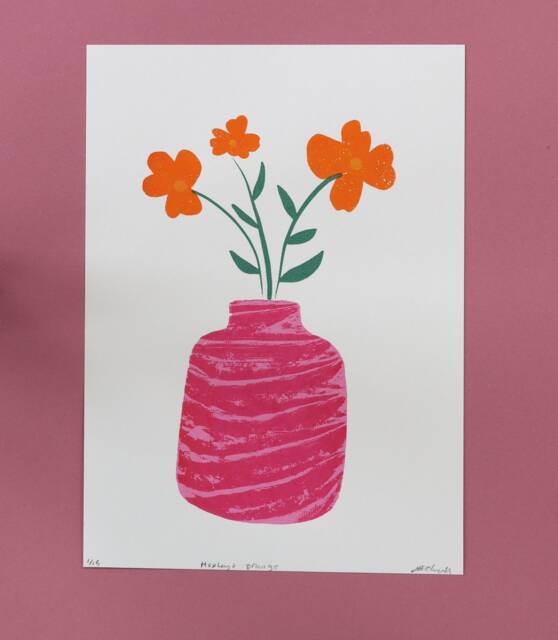 Hopleys Orange Print - Hand Printed Floral Screenprint Pink Vase & Flowers Modern Botanical Art Limited Edition Wall Decor A4 - image 1