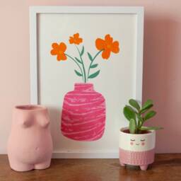 Hopleys Orange Print - Hand Printed Floral Screenprint Pink Vase & Flowers Modern Botanical Art Limited Edition Wall Decor A4 - thumbnail 2