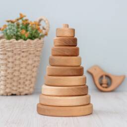 Wooden Pyramid Ring Stacker Toy For 1 Year Old, Montessori Waldorf Toddler, Nursery Decor, Unique Baby Boy Girl Birthday Gift - thumbnail 3