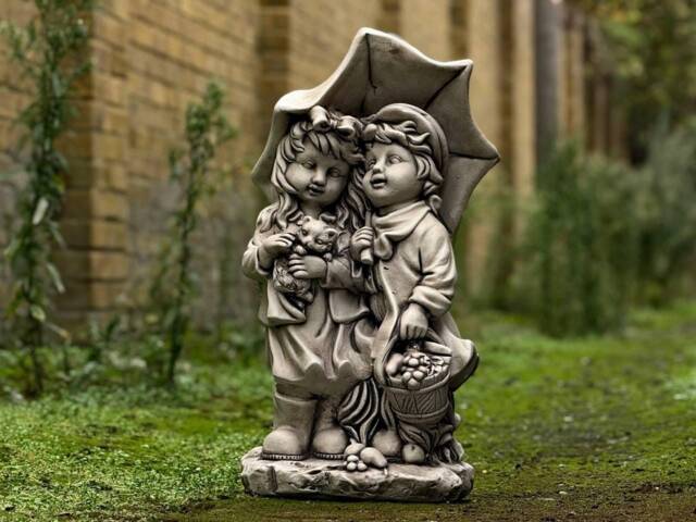 Girl & Boy With Umbrella Statue Brother Sister Sculpture Garden Family Decor Cement Memorial Kids Figurine Outdoor Pair Ornament - image 1