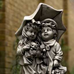 Girl & Boy With Umbrella Statue Brother Sister Sculpture Garden Family Decor Cement Memorial Kids Figurine Outdoor Pair Ornament - thumbnail 2
