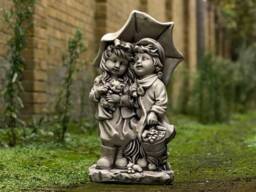 Girl & Boy With Umbrella Statue Brother Sister Sculpture Garden Family Decor Cement Memorial Kids Figurine Outdoor Pair Ornament - thumbnail 1