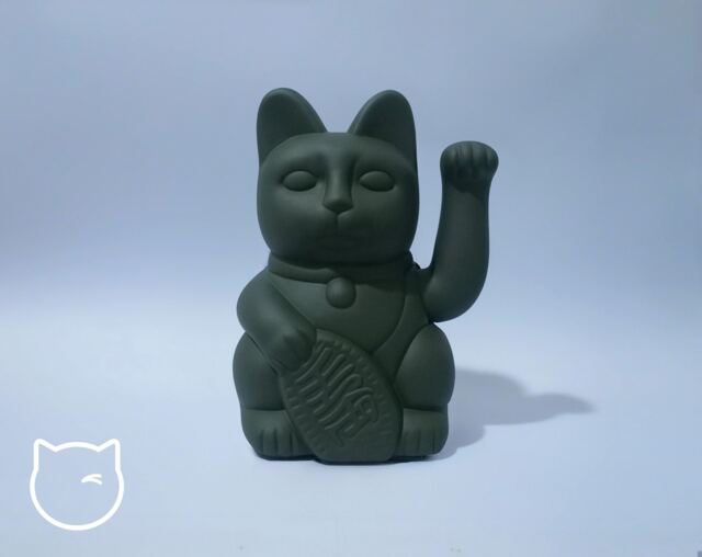Olive Green Lucky Cat Hand Painted Maneki Neko - 7 Inch - image 1
