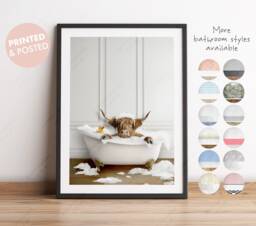 Scottish Highland Cow in A Bath Print, Bathing, Funny Bathroom Print, Animal Bathtub, Tub Whimsy - thumbnail 1
