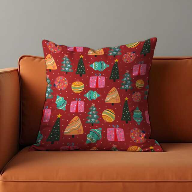 Christmas Cushion Cover With Trees, Gifts & Ornaments, Red Holiday Throw Pillowcase, Festive Decorative Case, Living Room Decor - image 1