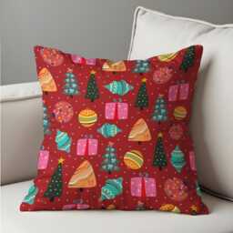 Christmas Cushion Cover With Trees, Gifts & Ornaments, Red Holiday Throw Pillowcase, Festive Decorative Case, Living Room Decor - thumbnail 4