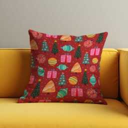 Christmas Cushion Cover With Trees, Gifts & Ornaments, Red Holiday Throw Pillowcase, Festive Decorative Case, Living Room Decor - thumbnail 2