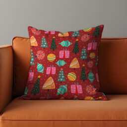 Christmas Cushion Cover With Trees, Gifts & Ornaments, Red Holiday Throw Pillowcase, Festive Decorative Case, Living Room Decor