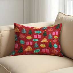 Christmas Cushion Cover With Trees, Gifts & Ornaments, Red Holiday Throw Pillowcase, Festive Decorative Case, Living Room Decor - thumbnail 3