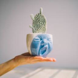 Handmade Ceramic Yawning Face Planter, Succulent Cactus Pot - thumbnail 3