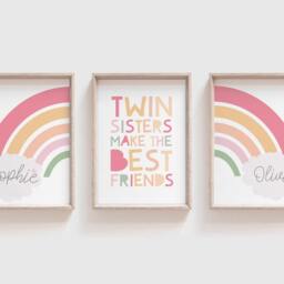 3 Sister Prints, Twins Bedroom Girls Nursery Pastel Colours, Wall Art, Playroom Prints - thumbnail 2