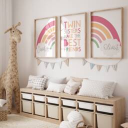 3 Sister Prints, Twins Bedroom Girls Nursery Pastel Colours, Wall Art, Playroom Prints - thumbnail 1