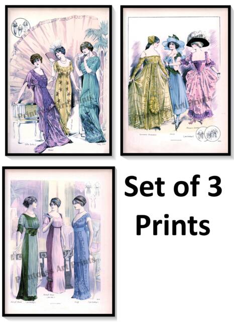 Edwardian Fashion Illustrations Set Of 3 Art Prints Ladies Costumes, Party Dresses, Masquerade - image 1
