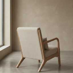 Armchair Mid Century Wooden Beige Accent Chair Vintage Brown Legs Padded Seat - thumbnail 3