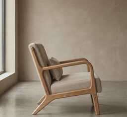 Armchair Mid Century Wooden Beige Accent Chair Vintage Brown Legs Padded Seat - thumbnail 1