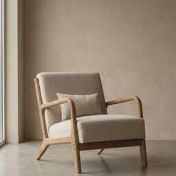 Armchair Mid Century Wooden Beige Accent Chair Vintage Brown Legs Padded Seat - thumbnail 2