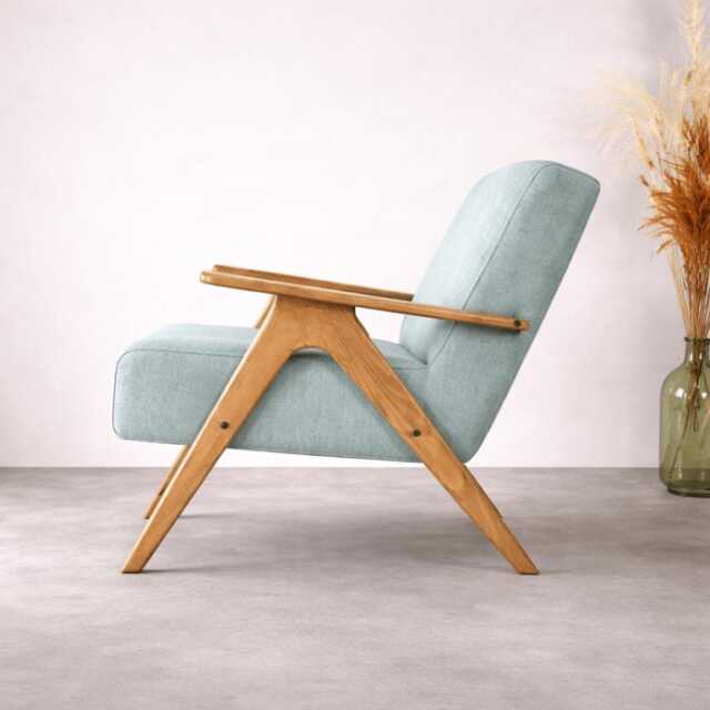 Handmade Mid-Century Modern Blue Upholstered Lounge Armchair, Solid Beech Wood Frame - image 1