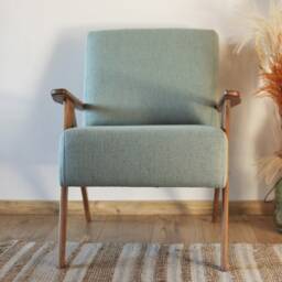 Handmade Mid-Century Modern Blue Upholstered Lounge Armchair, Solid Beech Wood Frame - thumbnail 3