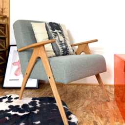 Handmade Mid-Century Modern Blue Upholstered Lounge Armchair, Solid Beech Wood Frame - thumbnail 2