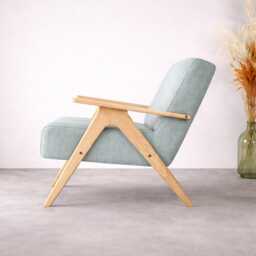 Handmade Mid-Century Modern Blue Upholstered Lounge Armchair, Solid Beech Wood Frame - thumbnail 4