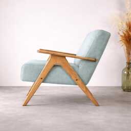 Handmade Mid-Century Modern Blue Upholstered Lounge Armchair, Solid Beech Wood Frame