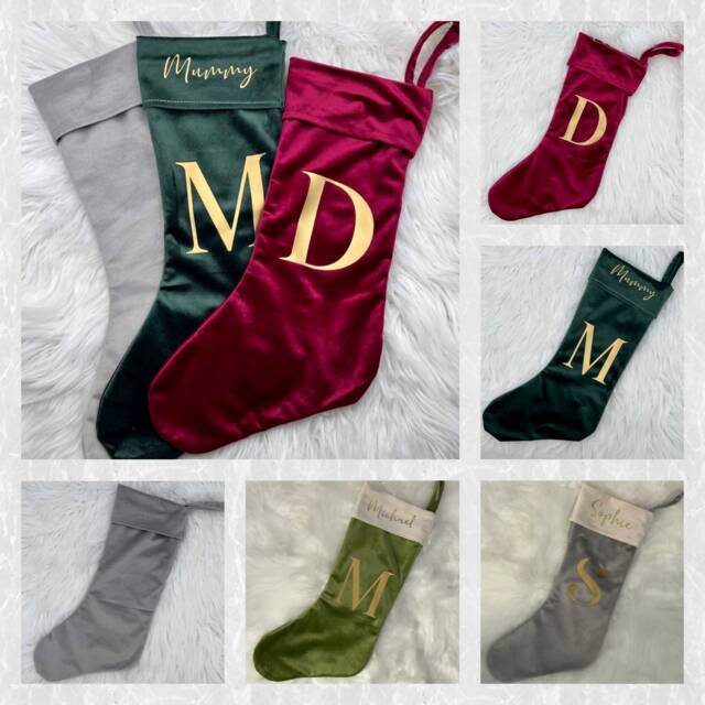 Personalised Stocking, Personalised Velvet Christmas Name & Initial On Available in Grey, Green, Red Or Olive - image 1