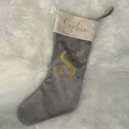 Personalised Stocking, Personalised Velvet Christmas Name & Initial On Available in Grey, Green, Red Or Olive - thumbnail 2