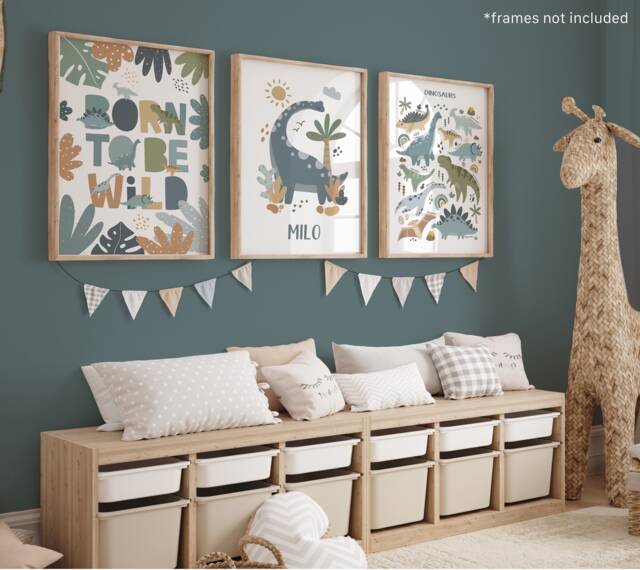 Set Of 3 Personalised Dinosaur Posters in Blue, Born To Be Wild Print, Chart Bedroom Decor, Scandi Playroom Prints - image 1