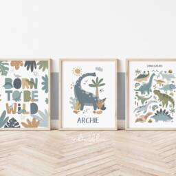 Set Of 3 Personalised Dinosaur Posters in Blue, Born To Be Wild Print, Chart Bedroom Decor, Scandi Playroom Prints - thumbnail 2
