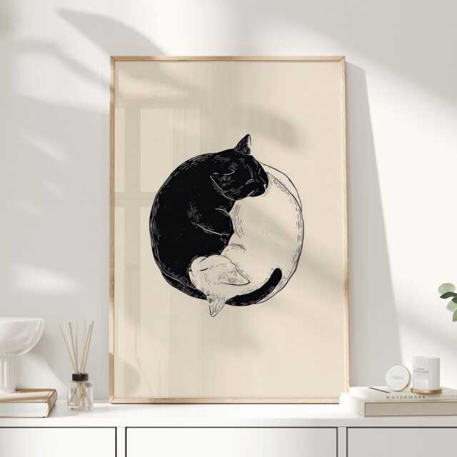 Yin Yang Cats Art Print - Minimal Cat Illustration Vintage Block Style Black & White Wall - image 1