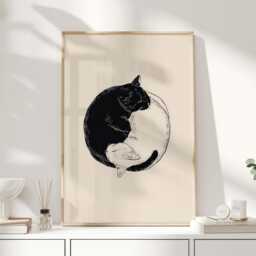 Yin Yang Cats Art Print - Minimal Cat Illustration Vintage Block Style Black & White Wall - thumbnail 1
