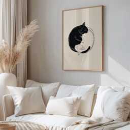 Yin Yang Cats Art Print - Minimal Cat Illustration Vintage Block Style Black & White Wall - thumbnail 2