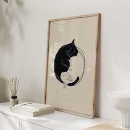 Yin Yang Cats Art Print - Minimal Cat Illustration Vintage Block Style Black & White Wall - thumbnail 3