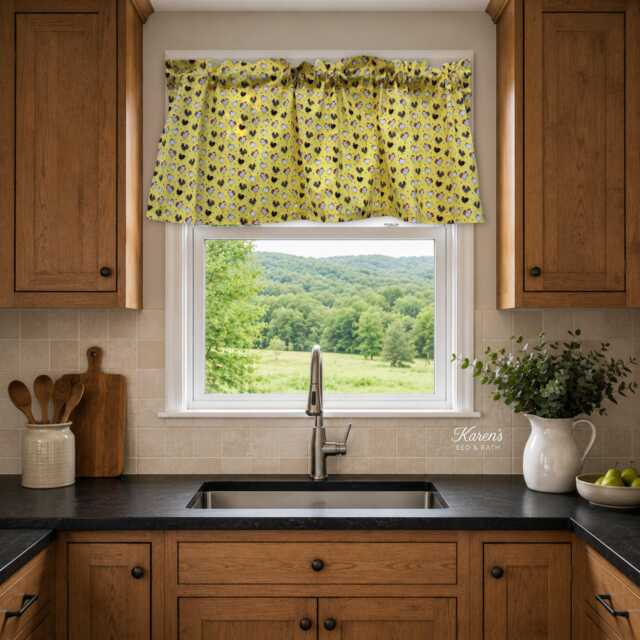 Chicken Hen Valance Folk Art Rooster Print Yellow Farmhouse Kitchen Curtain Country Farm Decor Custom Window Treatment - image 1