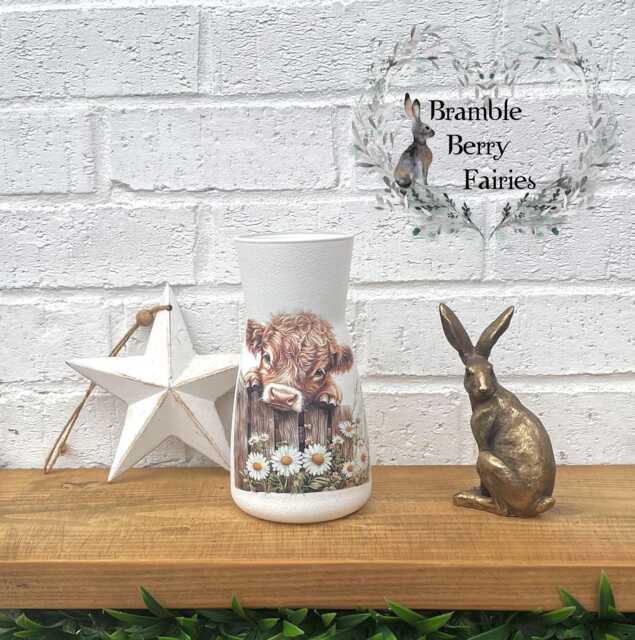 Glass Vase Highland Cow Baby Coo Daisies Daisy Flowers Fence Cute Autumn Fall All Year Round Decor Decoupaged Decorative Handmade - image 1