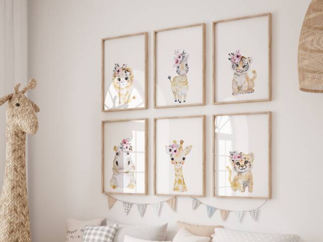 Blush Gold Safari Nursery Prints Set Of 6 Baby Animals Floral Accents - Digital Download - image 1